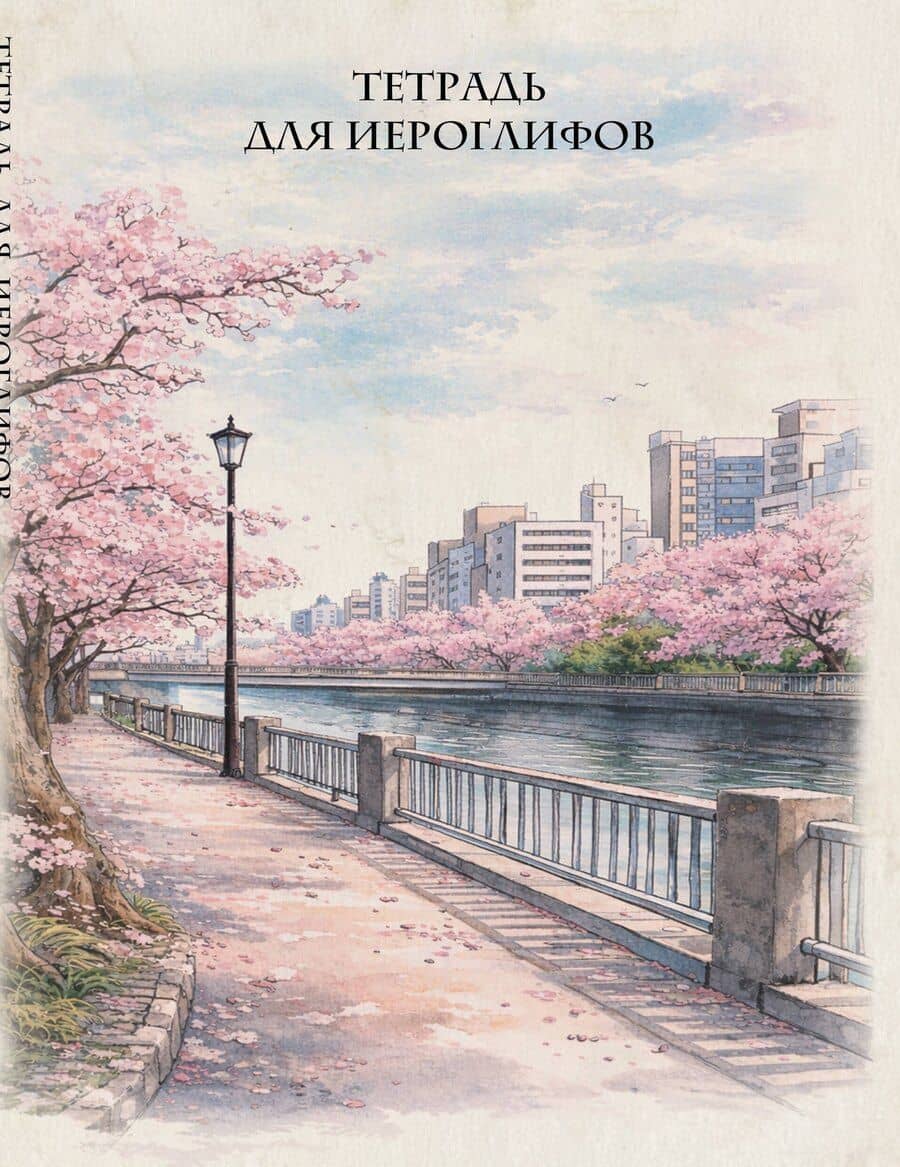 Тетрадь для иероглифов, сетка 9х9 мм. (Сакура в городе)