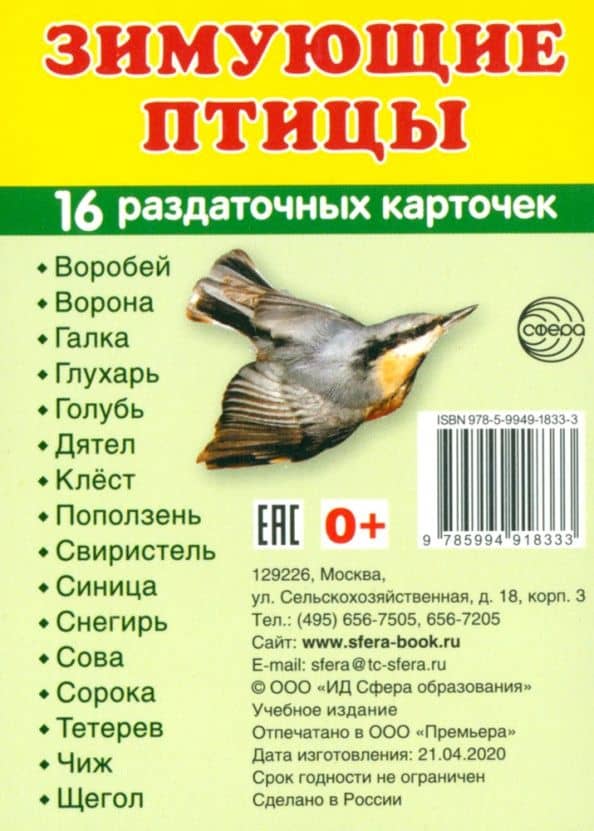 Раздаточные карточки Зимующие птицы, 16 карточек